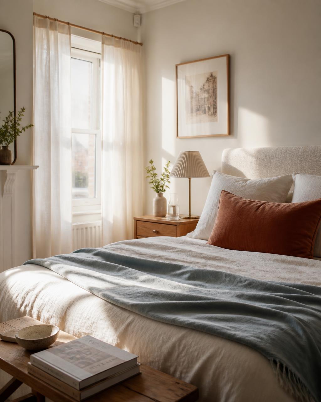 A calm, sunlit bedroom with cream linens, a terracotta accent cushion, and a soft blue throw on a neatly made bed